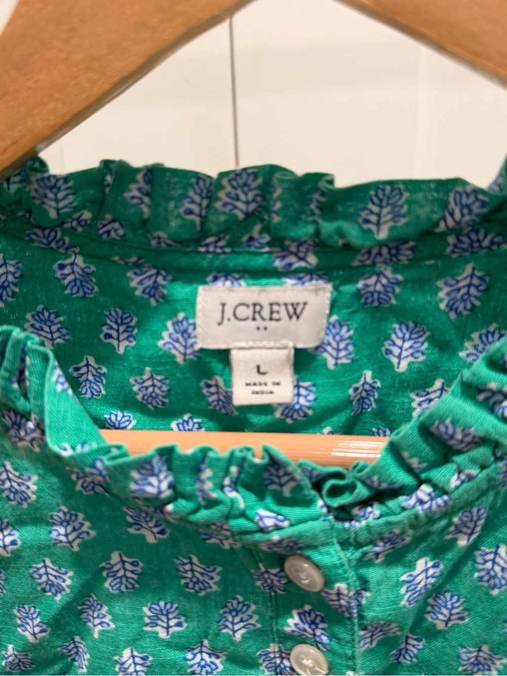 J. Crew Green Button-Front Ruffle Neck Blouse - Picture 2 of 3